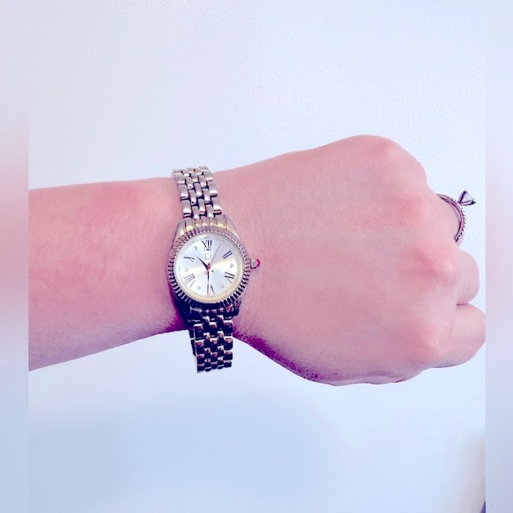 Liz Claiborne New York CZ Diamond Studded Circular Face Linked Watch, Gold-tone